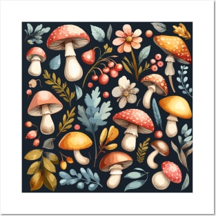 Mushroom Pattern on Dusty Dark Blue Posters and Art